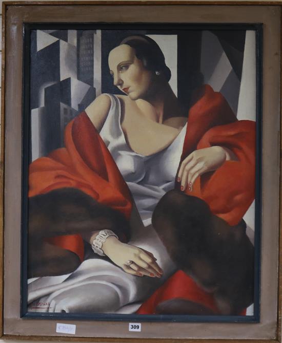 After Tempicka, oil on canvas, futurist style portrait of a woman, 76 x 60cm